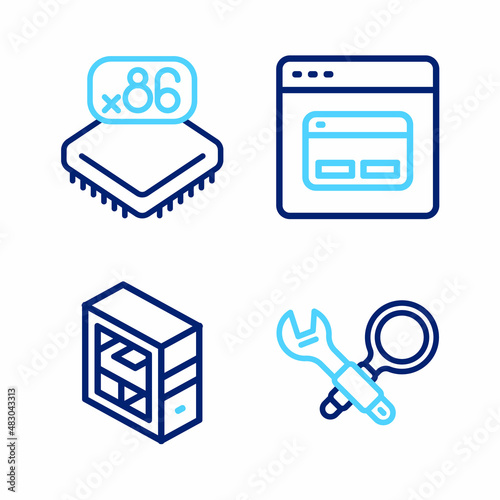 Set line Debugging, Computer, Search engine and Processor with microcircuits CPU icon. Vector © vector_v