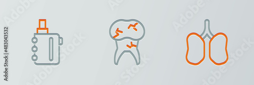 Set line Lungs, Electronic cigarette and Tooth with caries icon. Vector