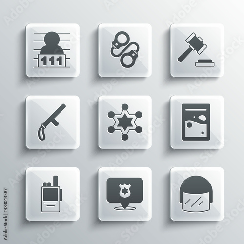 Set Police badge, helmet, Plastic bag of drug, Hexagram sheriff, Walkie talkie, rubber baton, Suspect criminal and Judge gavel icon. Vector
