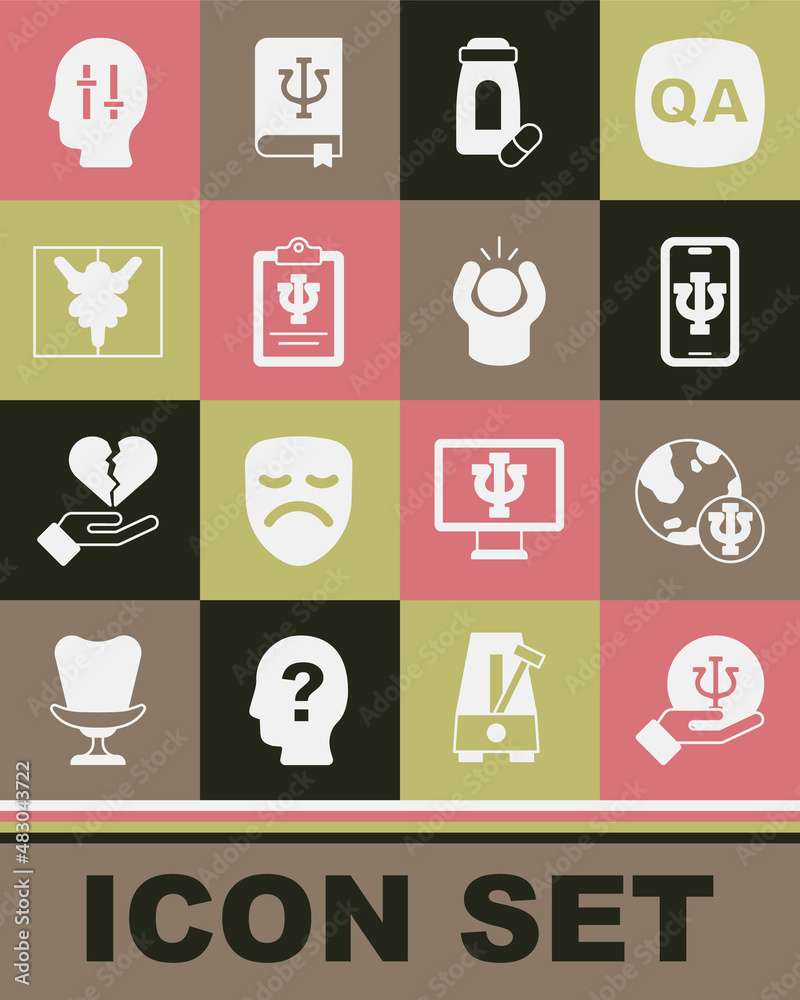 Set Psychology, Psi, Psychologist online, Sedative pills, Rorschach test, Solution to the problem and Anger icon. Vector Set Psychology, Psi, Psychologist online, Sedative pills, Rorschach test, Solution to the problem and Anger icon. Vector
