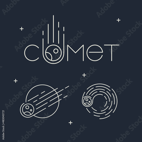 A set of space logos in a fashionable linear style. Minimalism of the comet icon on a dark background outline. The concept of the emblems of the astronomical phenomenon meteorites