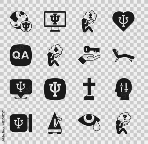 Set Head with question mark, Solution to the problem, Armchair, Man graves funeral sorrow, Helping hand, Question Answer, Psychology, Psi and icon. Vector