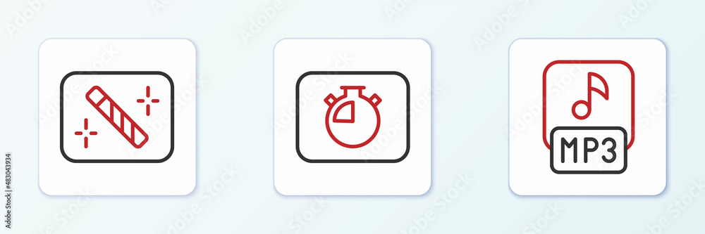 Set line MP3 file, Photo retouching and Stopwatch icon. Vector