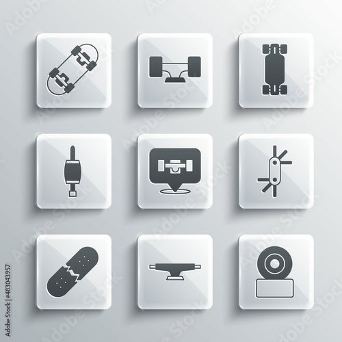 Set Skateboard wheel, Tool allen keys, Broken skateboard deck, Screwdriver, and Longboard or icon. Vector