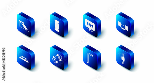 Set Longboard or skateboard, Skateboard wheel, Screwdriver, Tool allen keys, stairs with rail and park icon. Vector