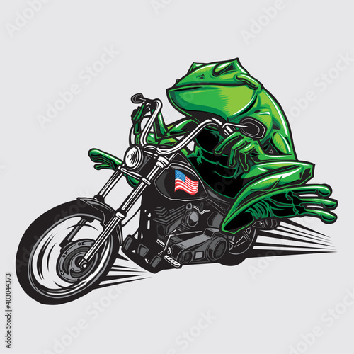 Biker frog on his american motorcycle speeding away. Toad riding a black motorcycle with an american flag sticker on the fuel tank.