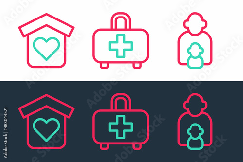 Set line Taking care of children, Shelter for homeless and First aid kit icon. Vector