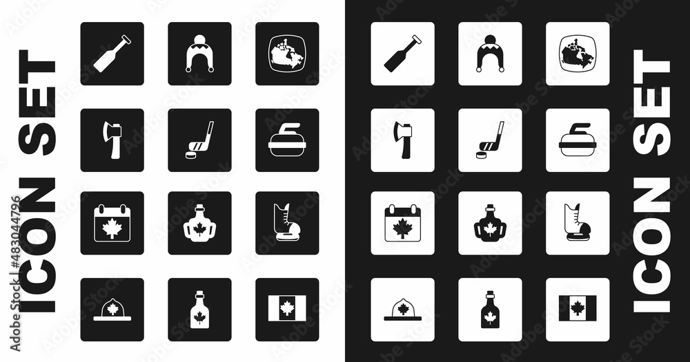 Set Canada map, Ice hockey stick and puck, Wooden axe, Paddle, Stone for curling, Winter hat, Skates and day with maple leaf icon. Vector Set Canada map, Ice hockey stick and puck, Wooden axe, Paddle, Stone for curling, Winter hat, Skates and day with maple leaf icon. Vector