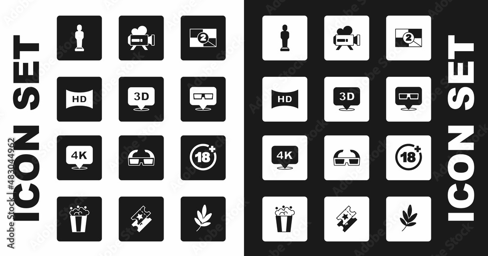 Set Old film movie countdown frame, 3D word, Hd movie, tape,, Movie trophy, cinema glasses, Retro camera, Plus 18 and 4k Ultra HD icon. Vector Set Old film movie countdown frame, 3D word, Hd movie, tape,, Movie trophy, cinema glasses, Retro camera, Plus 18 and 4k Ultra HD icon. Vector