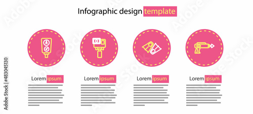 Set line Flippers for swimming, Fishing harpoon, Action extreme camera and Gauge scale icon. Vector