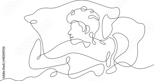 One continuous line. Man sleeps under a blanket. The boy fell asleep on the pillow. Male character is napping in bed.Continuous line drawing.Line Art isolated white background.