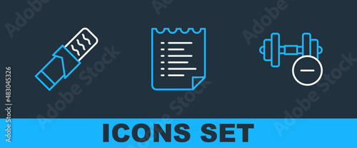 Set line Dumbbell, Protein sport bar and Sport training program icon. Vector