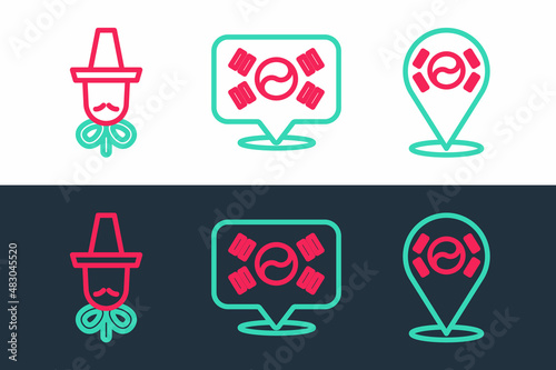 Set line Location South Korea, Korean hat and icon. Vector