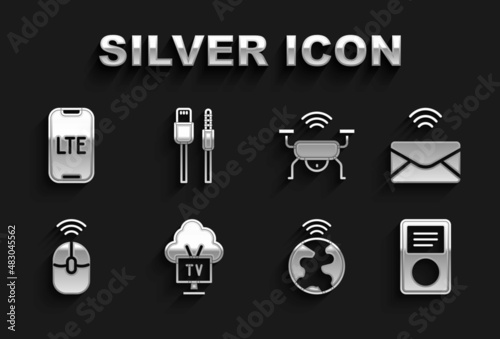 Set Smart Tv, Mail and e-mail, Music player, Global technology, Wireless computer mouse, drone system, LTE network and USB cable cord icon. Vector