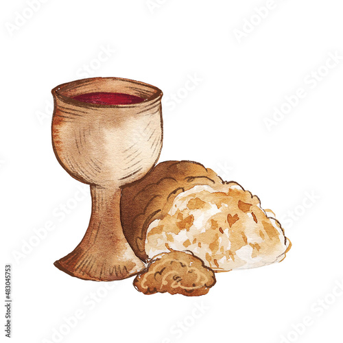 Watercolor illustration. Holy Communion, Last Supper. A bowl of wine, bread, grapes and ears of wheat. Easter service, Catholicism, Protestantism