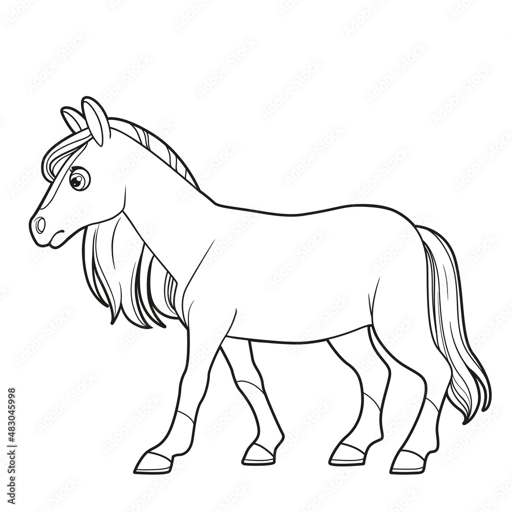 Cute cartoon horse walk outlines isolated on white background