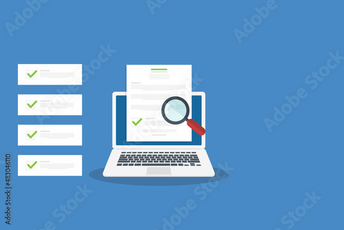 Online digital document inspection or assessment evaluation on laptop computer, contract review, analysis, inspection of agreement contract, compliance verification. Vector illustration	