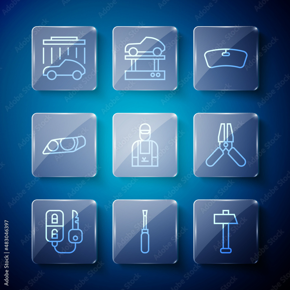 Set line Car key with remote, Screwdriver, Hammer, Windshield, mechanic, headlight, wash and battery jumper power cable icon. Vector Set line Car key with remote, Screwdriver, Hammer, Windshield, mechanic, headlight, wash and battery jumper power cable icon. Vector