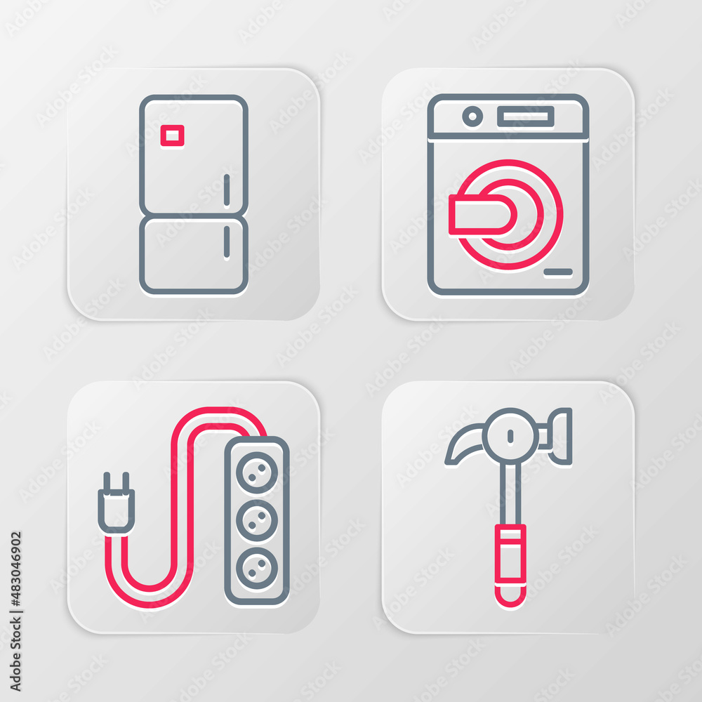 Set line Hammer, Electric extension, Washer and Refrigerator icon. Vector Set line Hammer, Electric extension, Washer and Refrigerator icon. Vector
