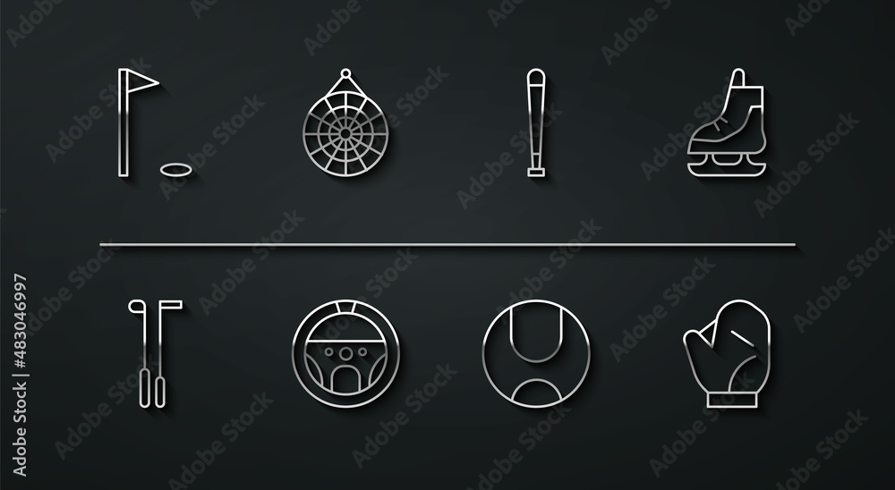 Set line Golf flag, club, Skates, Tennis ball, Steering wheel, Classic dart board, Baseball glove and bat icon. Vector Set line Golf flag, club, Skates, Tennis ball, Steering wheel, Classic dart board, Baseball glove and bat icon. Vector