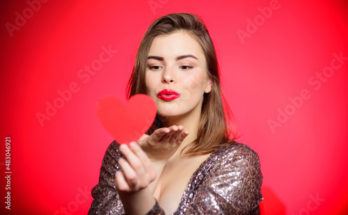 Woman attractive kiss face send love to you. Valentines day and romantic mood. Tender kiss from lovely girl with makeup red lips. Spread romantic mood around. Sweet kiss. Air kiss. Love you so much