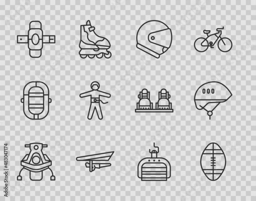 Set line Snowmobile, Rugby ball, Helmet, Hang glider, Knee pads, Bungee jumping, Ski lift and Bicycle helmet icon. Vector