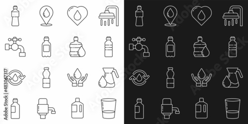 Set line Glass with water, Jug glass, Bottle of, Heart drop, Water tap, and Big bottle clean icon. Vector