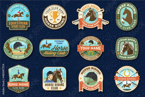 Set of Horse racing sport club badge, patch, emblem, logo. Vector illustration. Vintage equestrian label, sticker with rider and horse silhouettes. Horseback riding sport