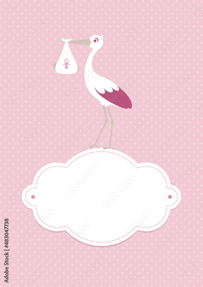 Karte Bunter Storch Auf Wolke Mit Baby Mädchen Punkte Rosa Weiß