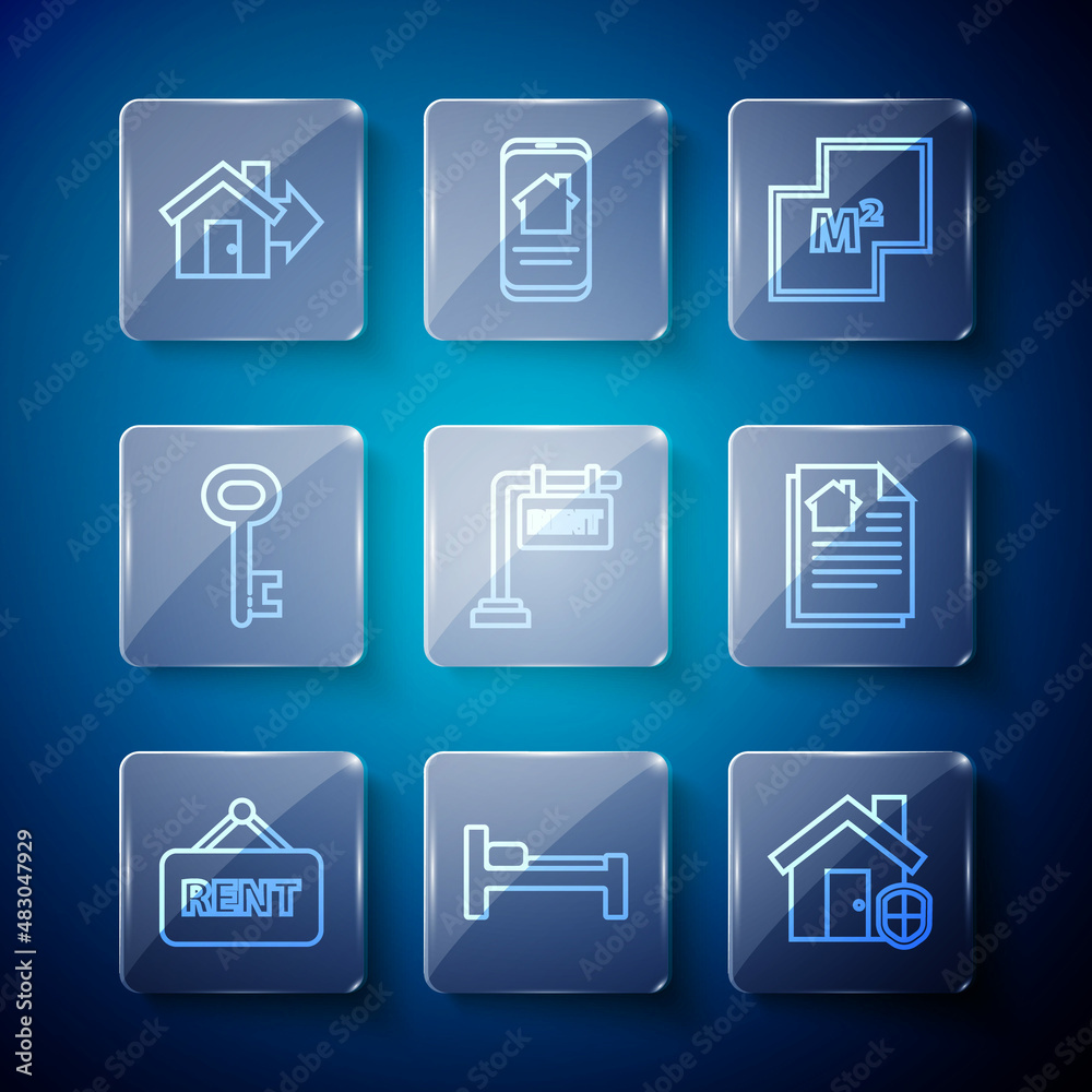 Set line Hanging sign with Rent, Bed, House under protection, plan, key, Sale house and contract icon. Vector Set line Hanging sign with Rent, Bed, House under protection, plan, key, Sale house and contract icon. Vector