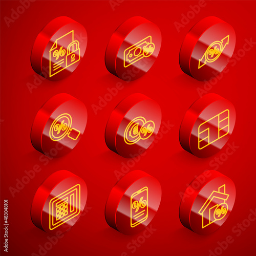 Set line Finance document and lock, Money percent, Discount tag, Magnifying glass with, coin, Credit card chip, Safe and Percent discount mobile icon. Vector