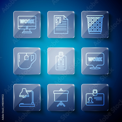 Set line Table lamp, Chalkboard with diagram, Identification badge, Trash can, Cup of tea tea bag, Monitor text work and Location icon. Vector