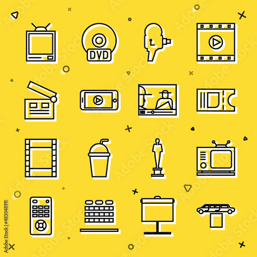 Set line Limousine car and carpet, Retro tv, Cinema ticket, cinema camera, Online play video, Movie clapper, and icon. Vector