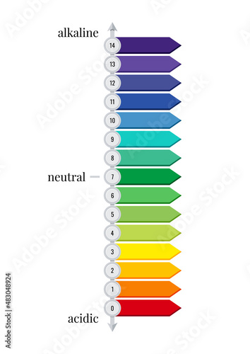 pH scale horizontal chart meter for acid and base solutions isolated on white background.  Paper test strips on plate - acid and alcaline balance litmus indicator pH value. Flat vector illustration. photo