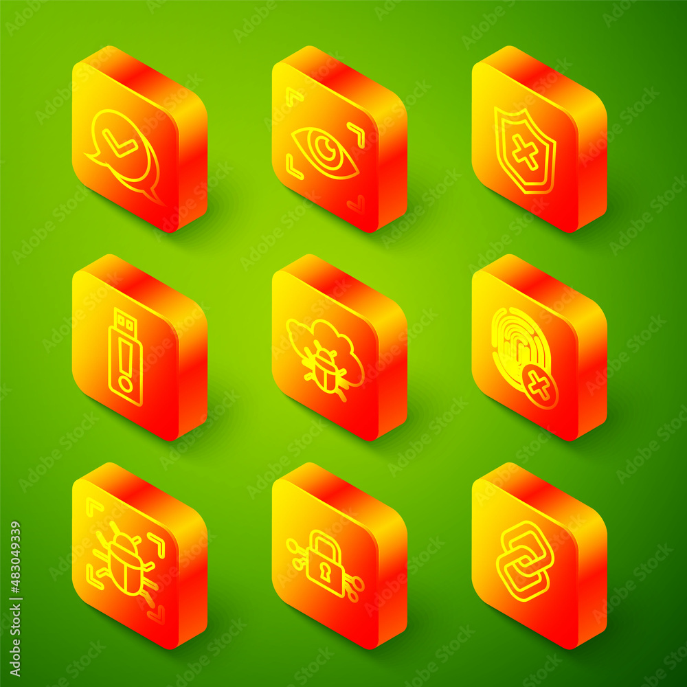 Set line Check mark in speech bubble, Eye scan, Shield with cross, USB flash drive, System bug on cloud, Cancelled fingerprint, and Cyber security icon. Vector Set line Check mark in speech bubble, Eye scan, Shield with cross, USB flash drive, System bug on cloud, Cancelled fingerprint, and Cyber security icon. Vector