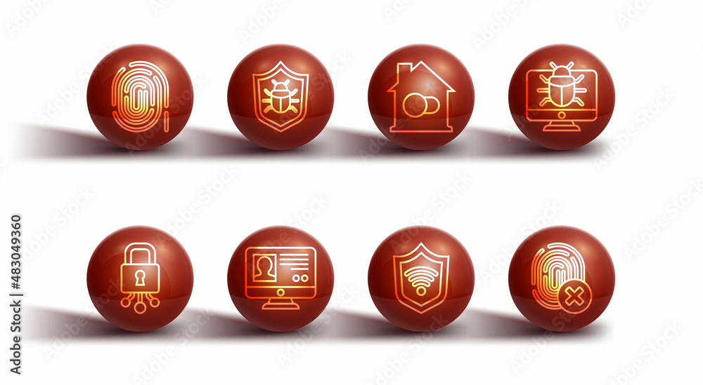Set line Fingerprint, Cyber security, System bug on monitor, Shield with WiFi wireless, Create account screen, Cancelled fingerprint and Smart home icon. Vector Set line Fingerprint, Cyber security, System bug on monitor, Shield with WiFi wireless, Create account screen, Cancelled fingerprint and Smart home icon. Vector