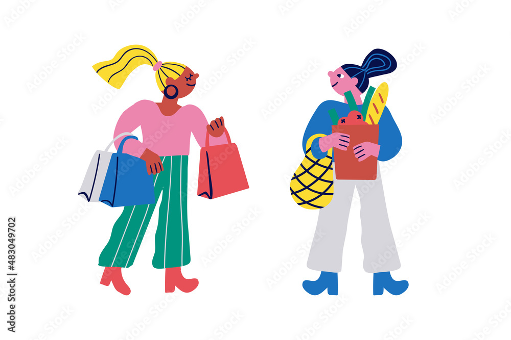 Two fashionable women with shopping bags talking.
