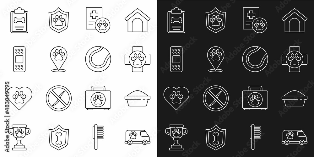 Set line Veterinary ambulance, Pet food bowl, clinic, Clinical record pet, Location veterinary, Bandage plaster, and Tennis ball icon. Vector