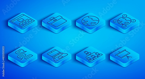 Set line Browser files, Briefcase, Earth globe, Laptop, Hierarchy organogram chart, Location on the, Speech bubble chat and Chalkboard icon. Vector