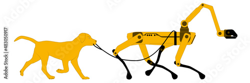 The dog walks on a leash robot dog. The concept of robotic assistants