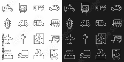 Set line Bus, Rv Camping trailer, Wild west covered wagon, Delivery truck, Traffic light, TV News car and Minibus icon. Vector