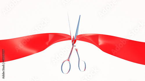 Une paire de ciseaux coupant un ruban rouge sur fond blanc symbolisant le début d'une cérémonie. Rendu 3D.
 photo