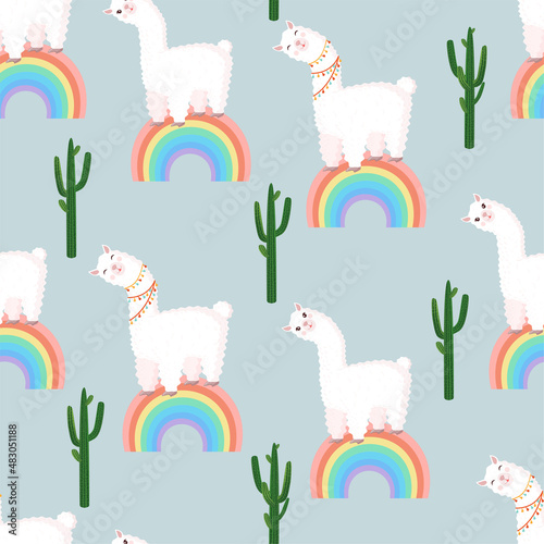 Seamless pattern with llamas on a rainbow with cactus. Vector illustration for baby texture, textile, fabric, poster, greeting card, decor. Cute alpaca from Peru. Textures with animals.