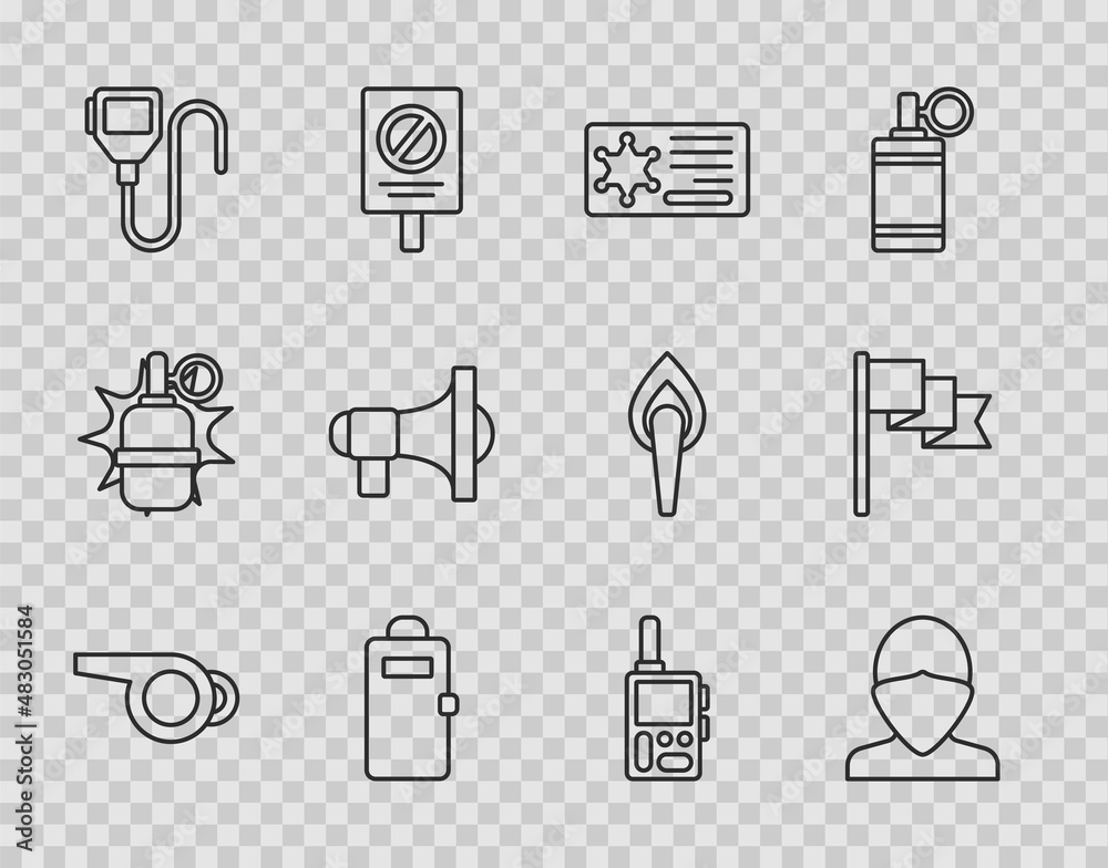 Set line Whistle, Vandal, Police badge, assault shield, Walkie talkie, Megaphone, and Location marker icon. Vector Set line Whistle, Vandal, Police badge, assault shield, Walkie talkie, Megaphone, and Location marker icon. Vector