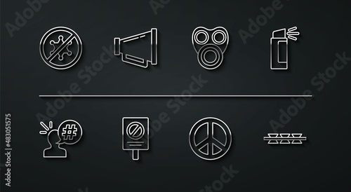 Set line Protest, Pepper spray, Peace, Megaphone, Barbed wire and Gas mask icon. Vector
