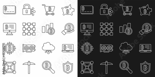 Set line Shield with bitcoin, Mining from laptop, Hand holding Bitcoin, Shopping cart, Blockchain technology, monitor, Credit card and Pie chart infographic icon. Vector