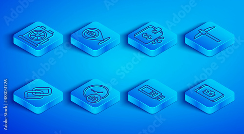 Set line Video graphic card, Bitcoin, Cryptocurrency wallet, with clock, USB flash drive, Pickaxe, Chain link and Mining bitcoin from mobile icon. Vector