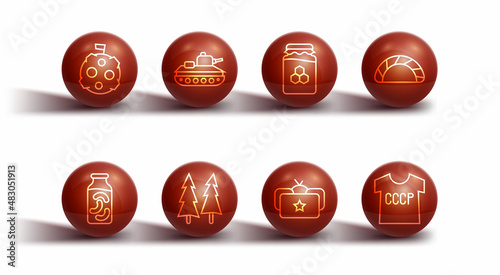 Set line Moon with flag, Pickled cucumbers in jar, Dumpling, Ushanka, Christmas tree, Military tank, USSR t-shirt and Jar of honey icon. Vector