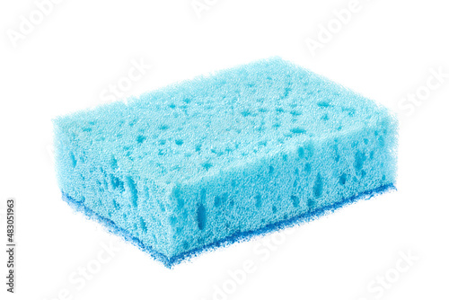 New blue dishwashing sponge isolated on white background. photo