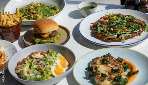 Gourmet foods on the table include burgers, pasta, french fries, vegetable salad, chicken salad, cauliflower, macaroni